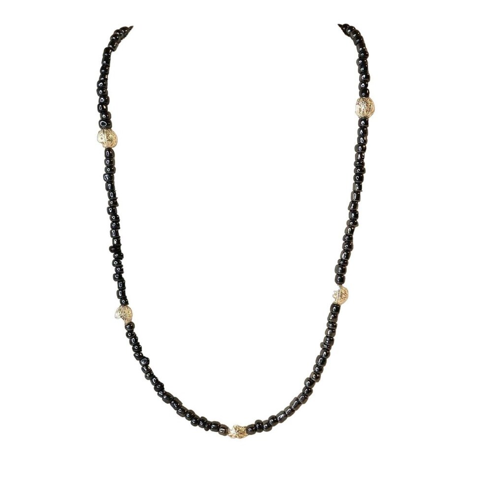Handmade Black Glass Bead Necklace With Gold Tone Textured Beads Toggle Clasp